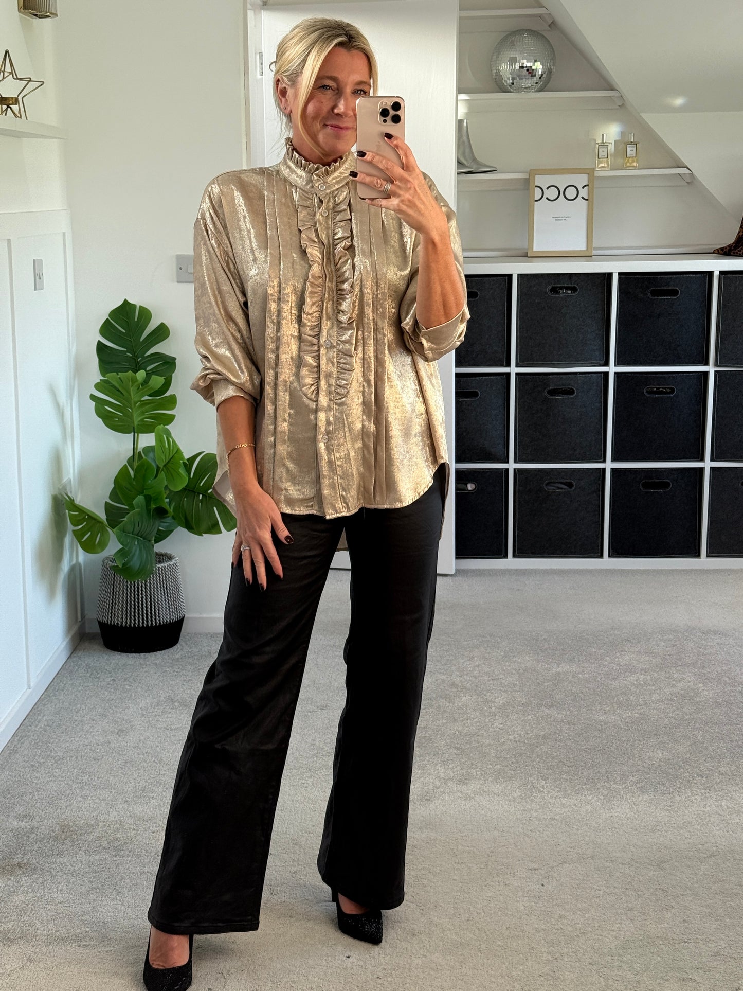 Gold Metallic Ruffle Front Blouse