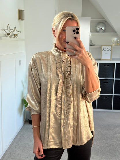 Gold Metallic Ruffle Front Blouse