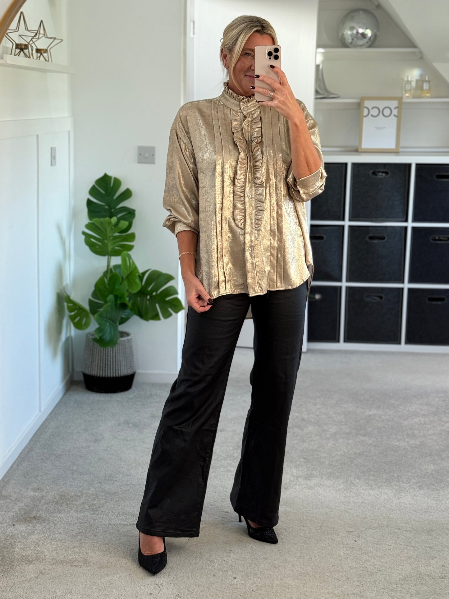 Gold Metallic Ruffle Front Blouse