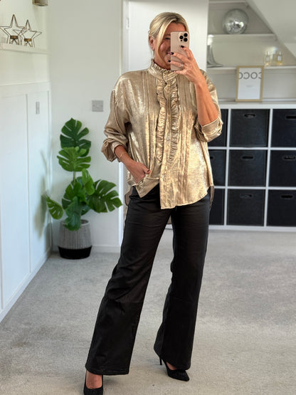 Gold Metallic Ruffle Front Blouse