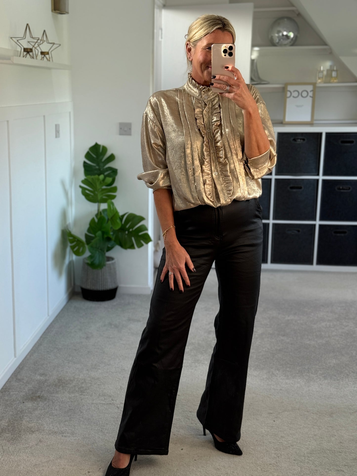 Gold Metallic Ruffle Front Blouse