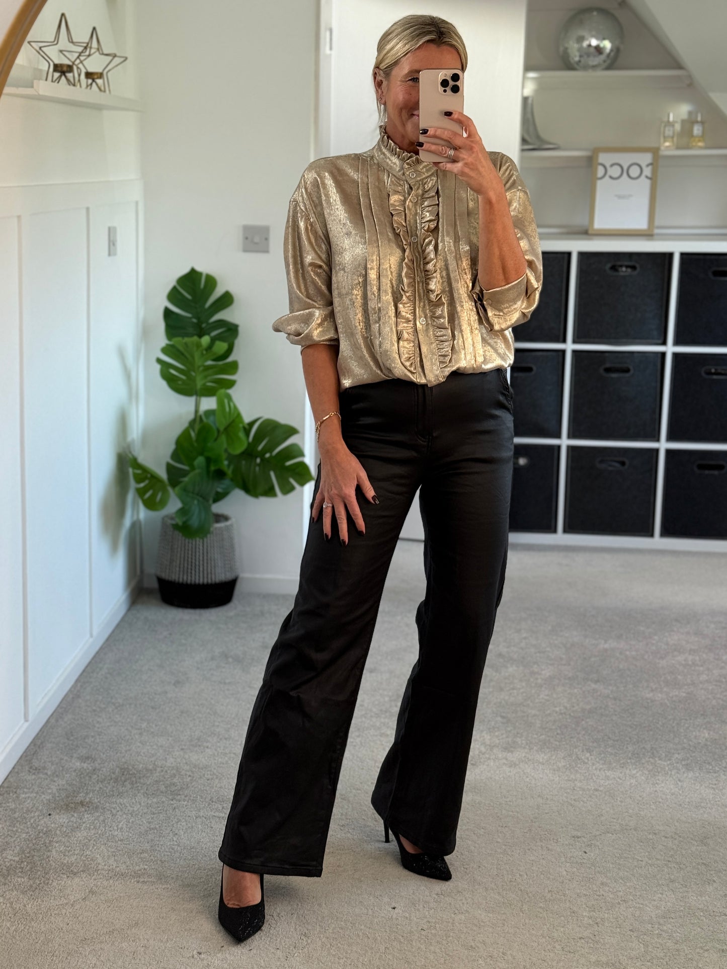 Gold Metallic Ruffle Front Blouse