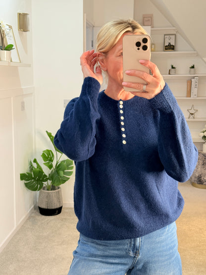 French Blue Alpaca Mix Button Jumper