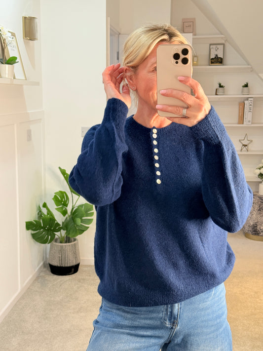 Navy Alpaca Mix Button Jumper