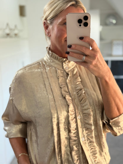 Gold Metallic Ruffle Front Blouse