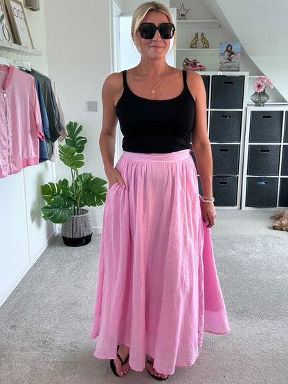 Pink Cotton Pocket Maxi Skirt