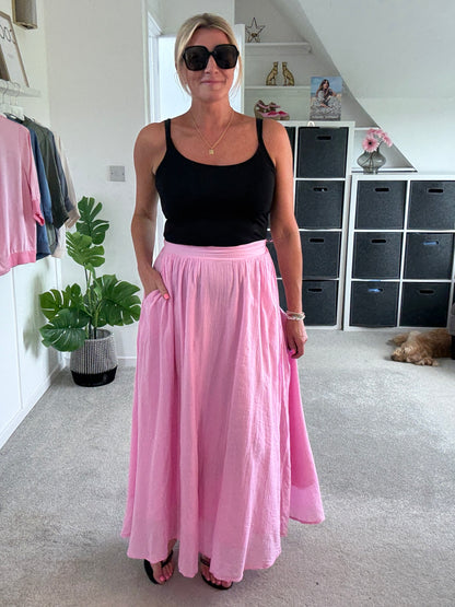 Pink Cotton Pocket Maxi Skirt