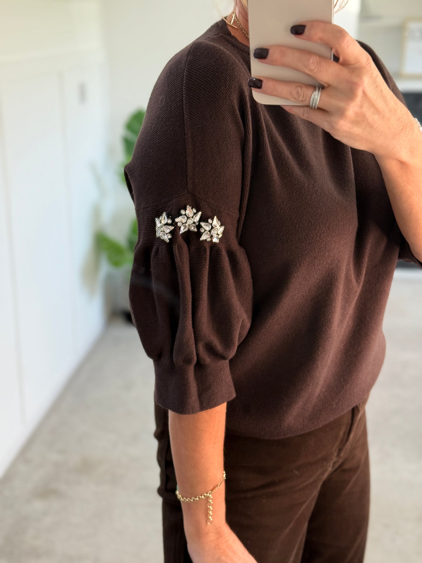 Chocolate Diamanté Sleeve Jumper