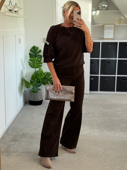 Chocolate Diamanté Sleeve Jumper