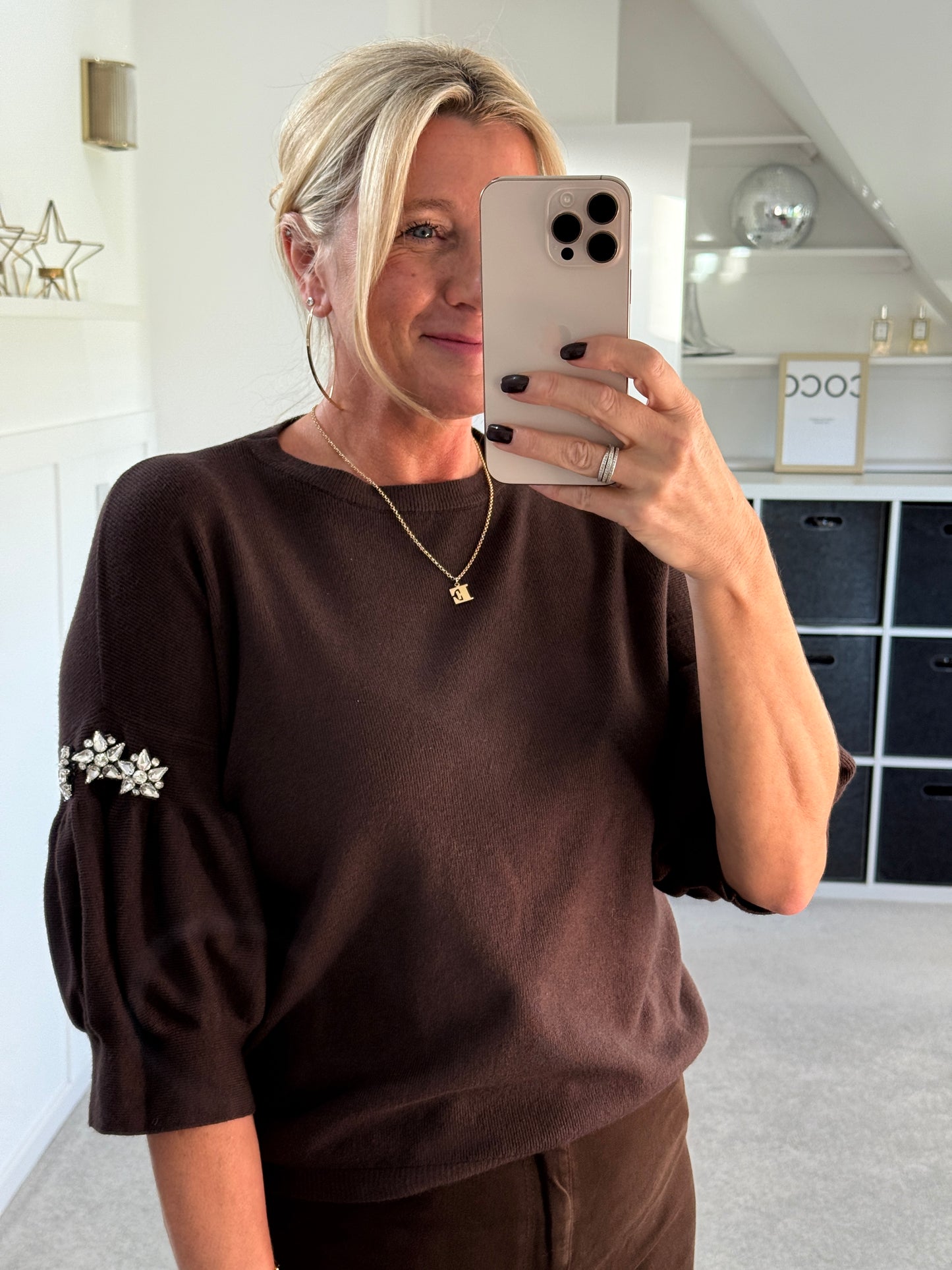 Chocolate Diamanté Sleeve Jumper