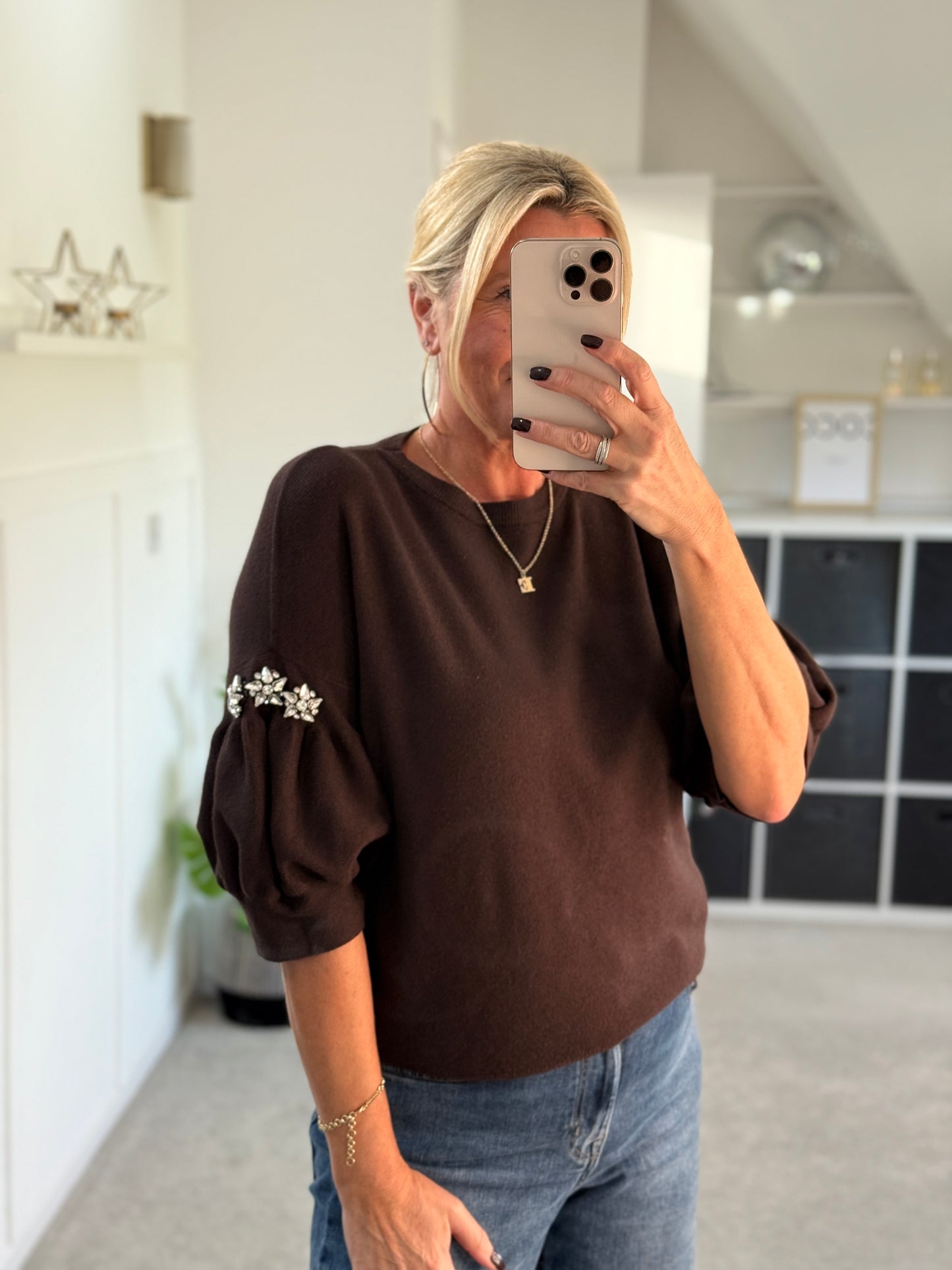 Chocolate Diamanté Sleeve Jumper