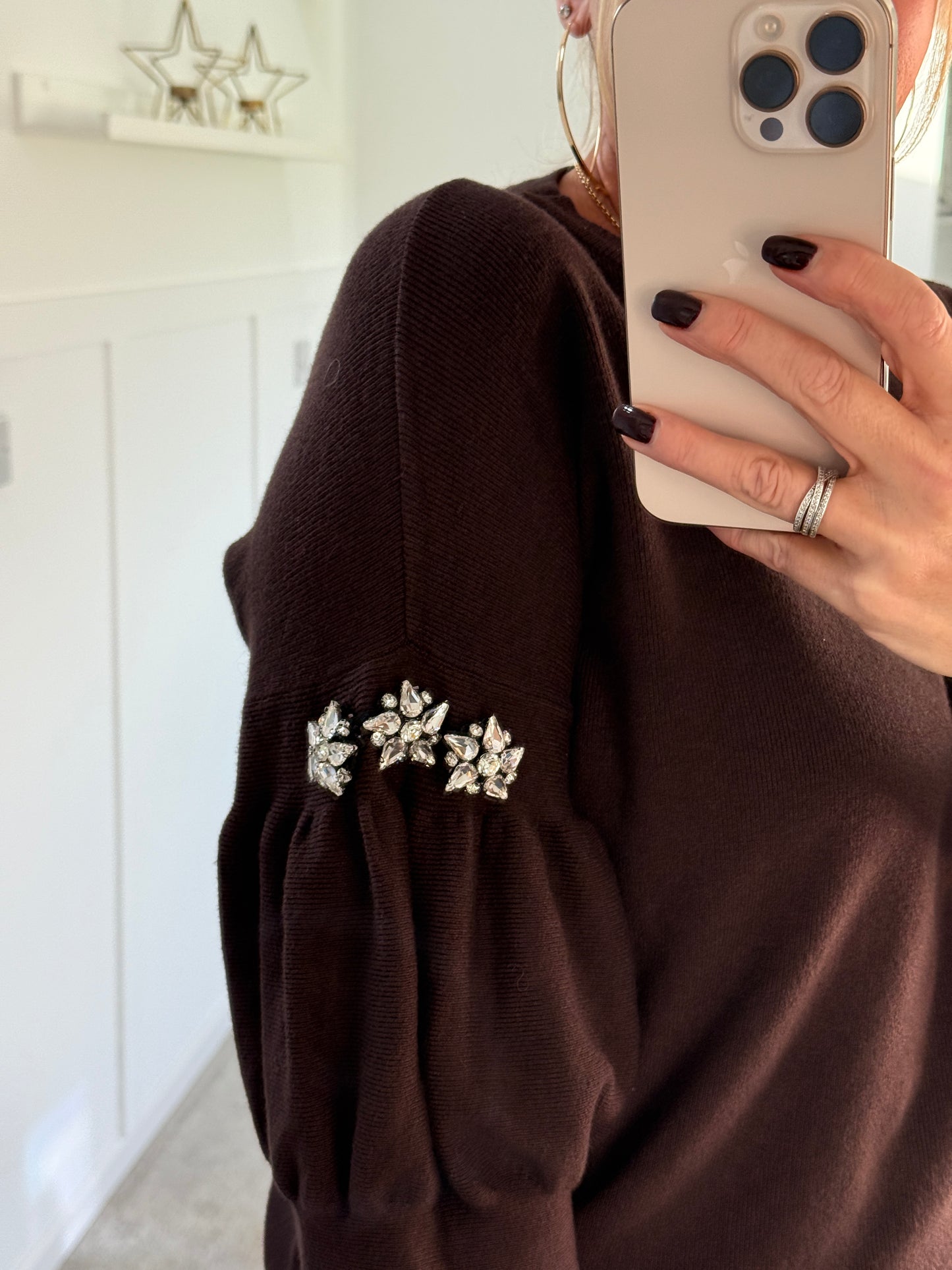 Chocolate Diamanté Sleeve Jumper