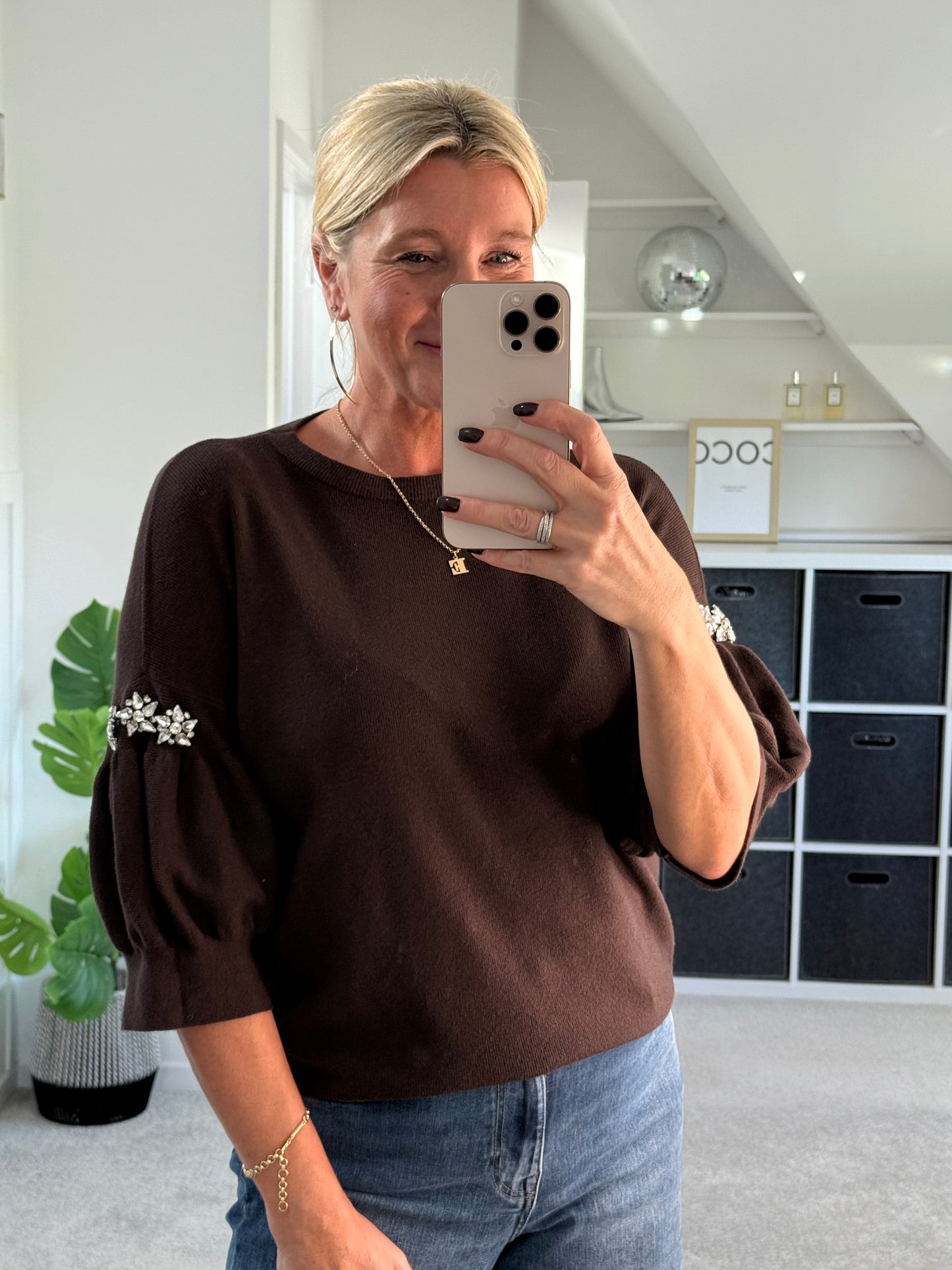 Chocolate Diamanté Sleeve Jumper