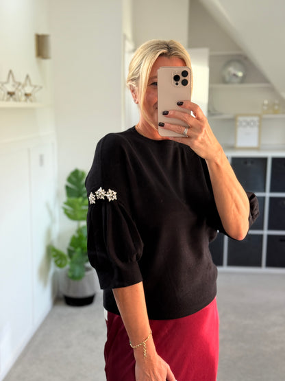 Black Diamanté Sleeve Jumper