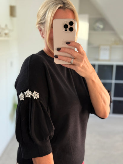 Black Diamanté Sleeve Jumper