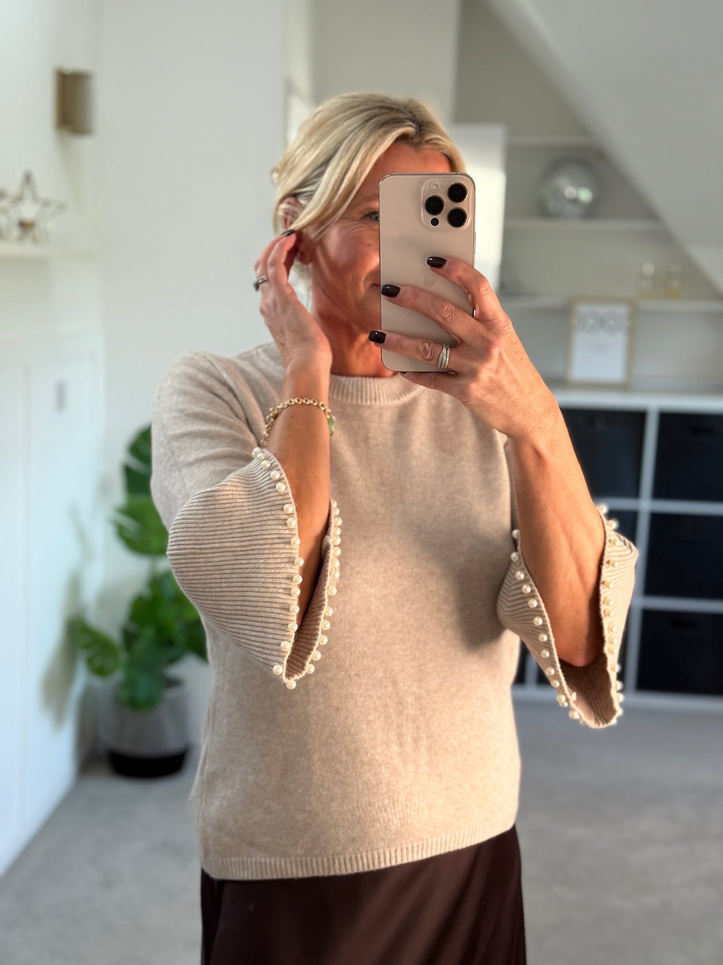 Oatmeal Pearl Flute Sleeve Jumper