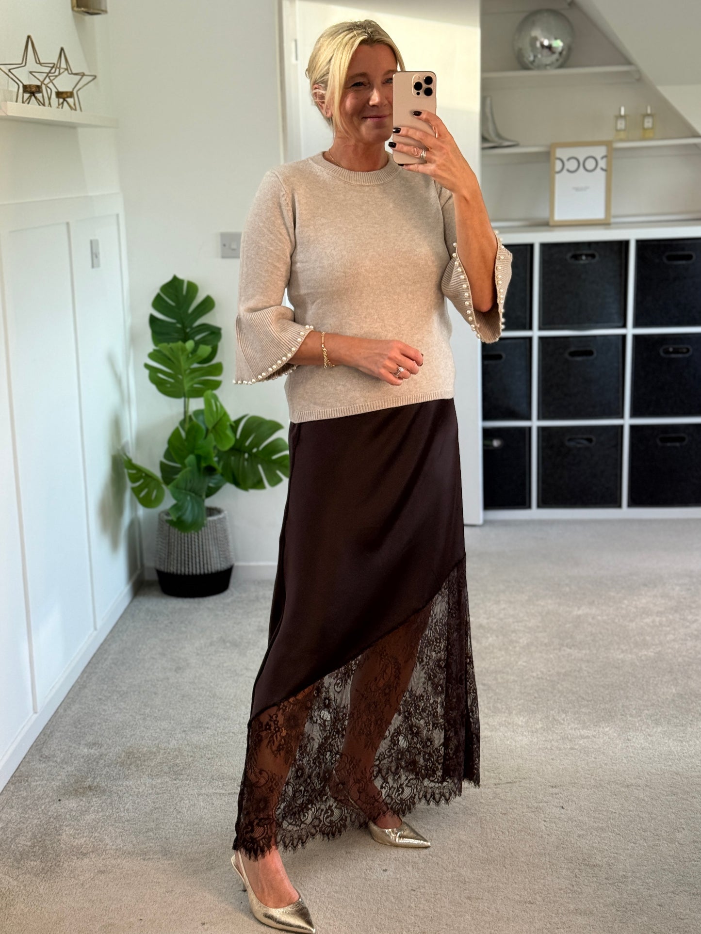 Chocolate Satin Asymmetric Lace Detail Maxi Slip Skirt