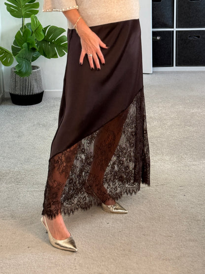 Chocolate Satin Asymmetric Lace Detail Maxi Slip Skirt