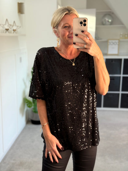 Black Sequin Relaxed Fit Top