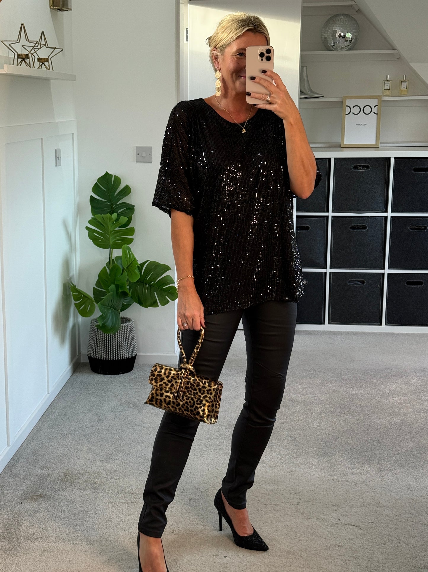 Black Sequin Relaxed Fit Top