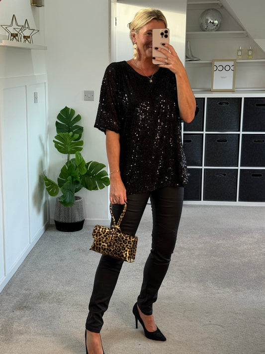 Black Sequin Relaxed Fit Top