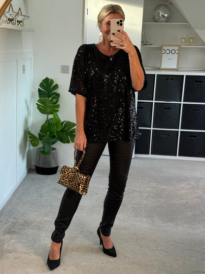 Black Sequin Relaxed Fit Top