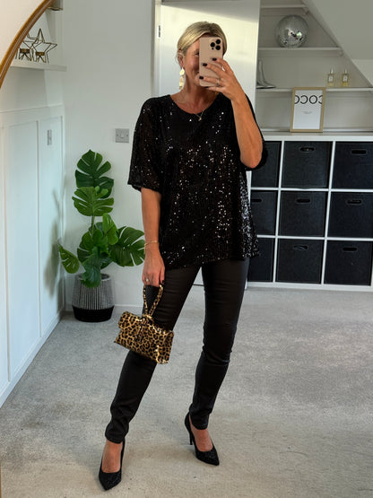 Black Sequin Relaxed Fit Top