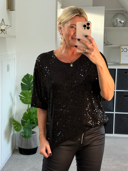 Black Sequin Relaxed Fit Top