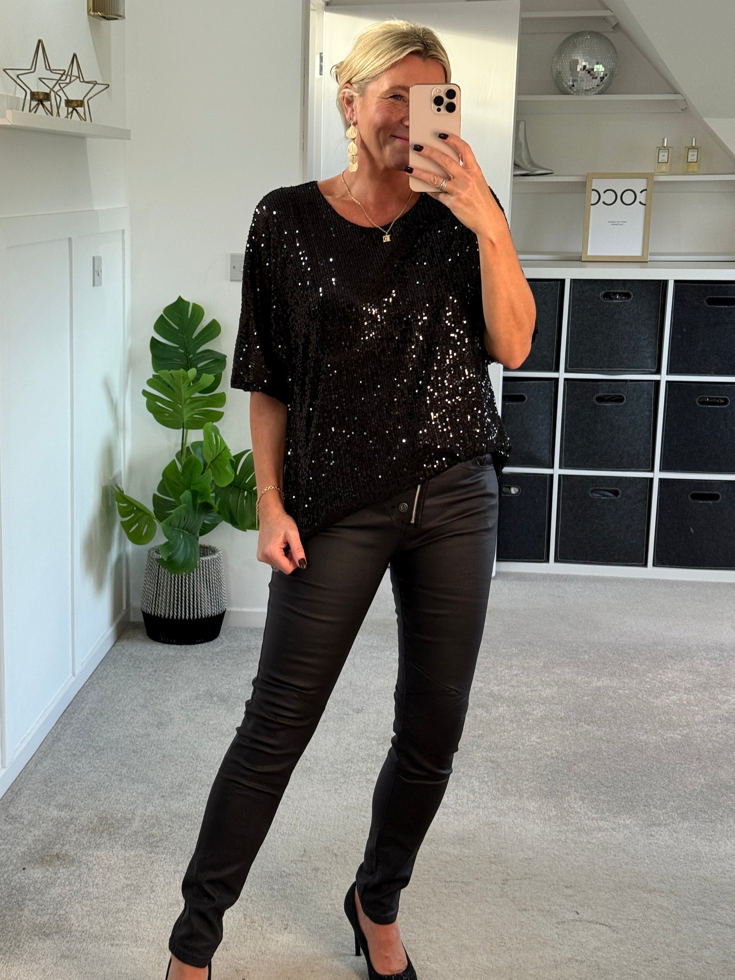 Black Sequin Relaxed Fit Top