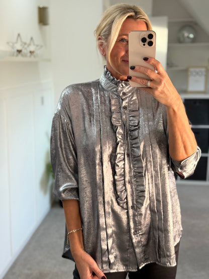 Silver Metallic Ruffle Front Blouse