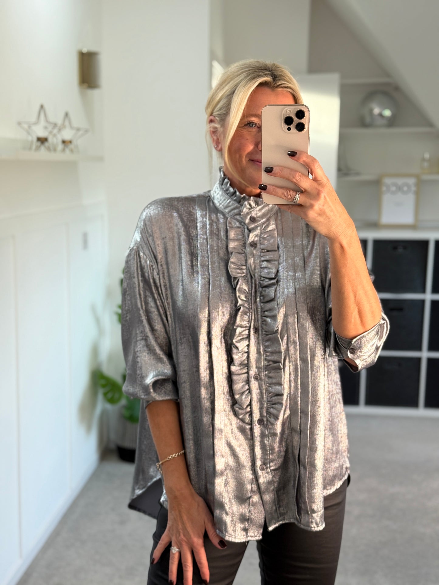 Silver Metallic Ruffle Front Blouse