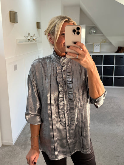 Silver Metallic Ruffle Front Blouse