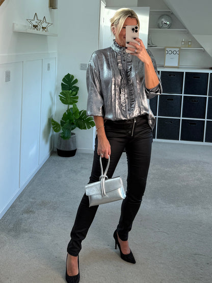 Silver Metallic Ruffle Front Blouse