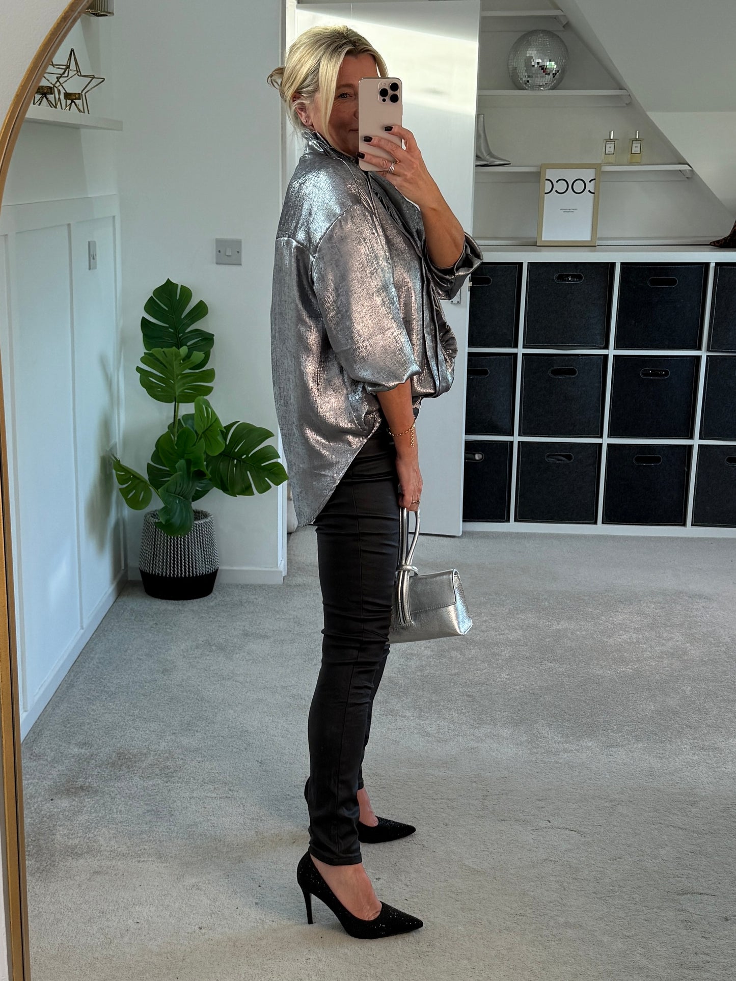 Silver Metallic Ruffle Front Blouse