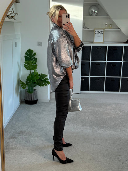 Silver Metallic Ruffle Front Blouse