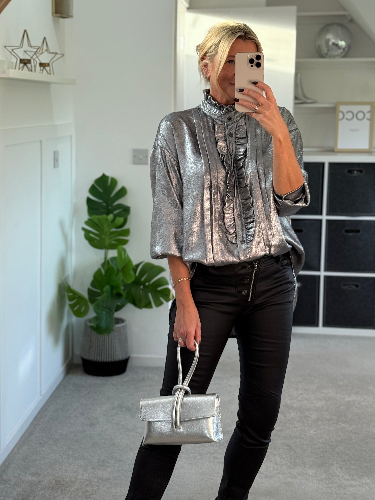 Silver Metallic Ruffle Front Blouse