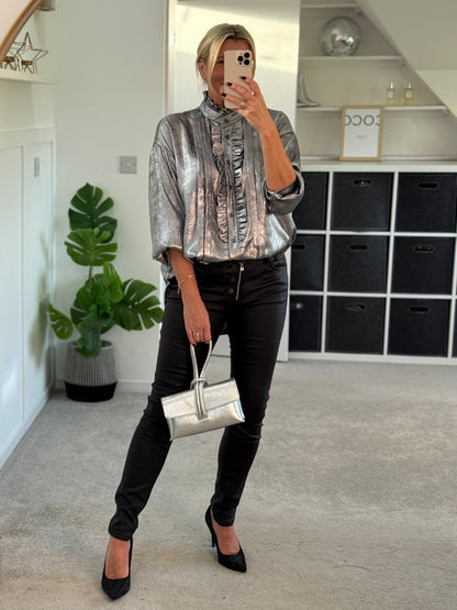 Silver Metallic Ruffle Front Blouse