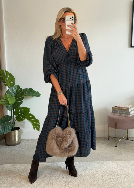Navy Heritage Check V-Neck Tiered Dress
