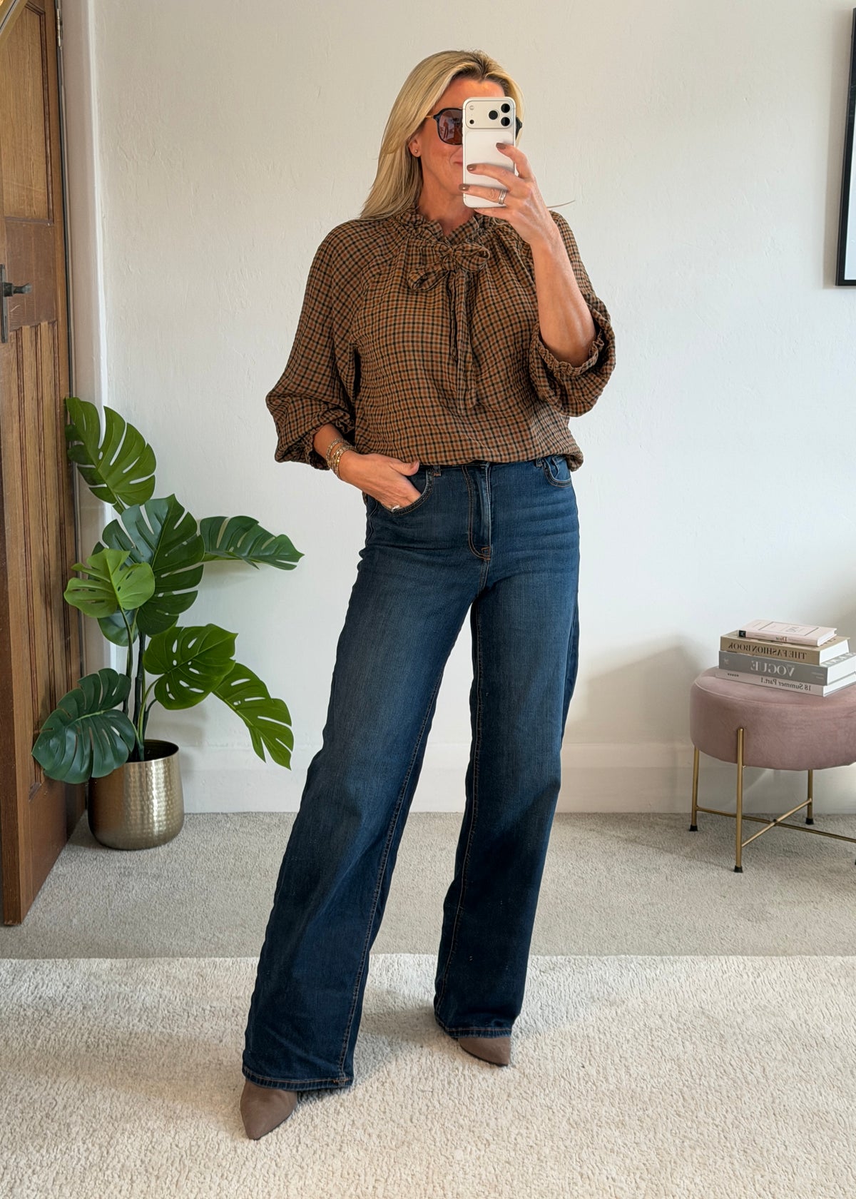 Mocha Tie Neck Heritage Check Blouse