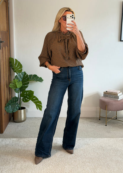 Mocha Tie Neck Heritage Check Blouse
