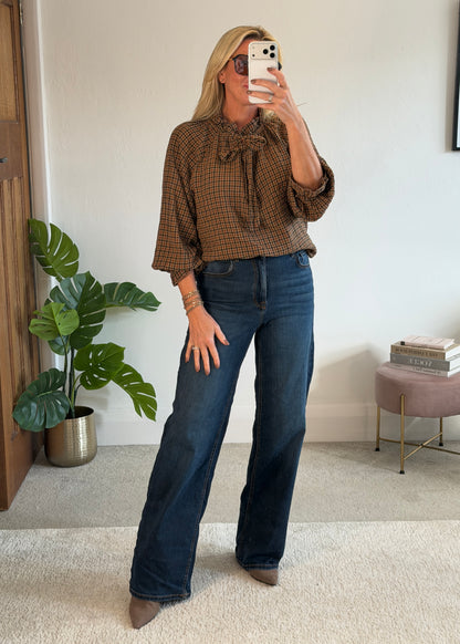 Mocha Tie Neck Heritage Check Blouse