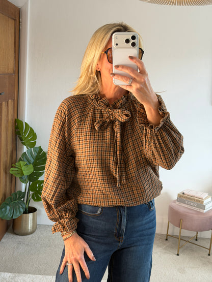 Mocha Tie Neck Heritage Check Blouse