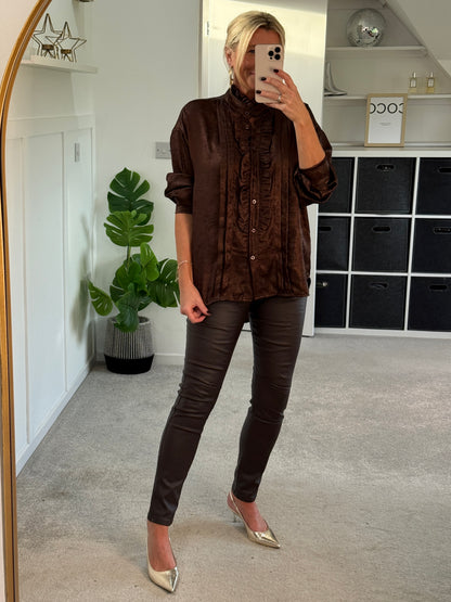 Chocolate Metallic Ruffle Front Blouse