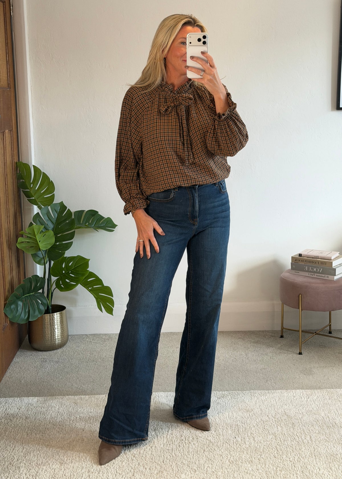 Mocha Tie Neck Heritage Check Blouse
