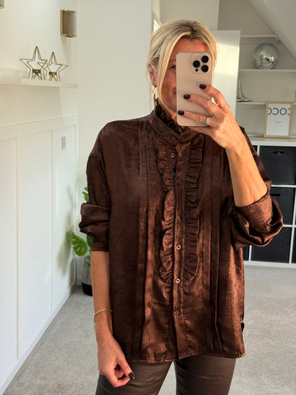 Chocolate Metallic Ruffle Front Blouse