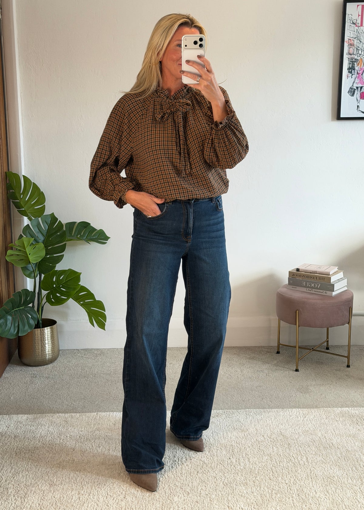 Mocha Tie Neck Heritage Check Blouse