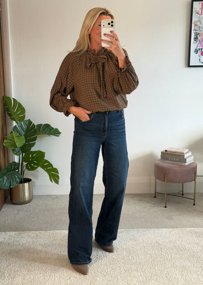 Mocha Tie Neck Heritage Check Blouse