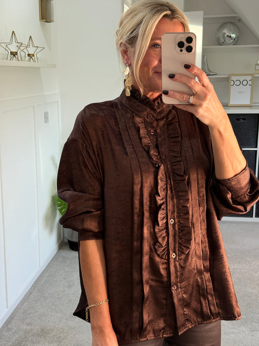 Chocolate Metallic Ruffle Front Blouse