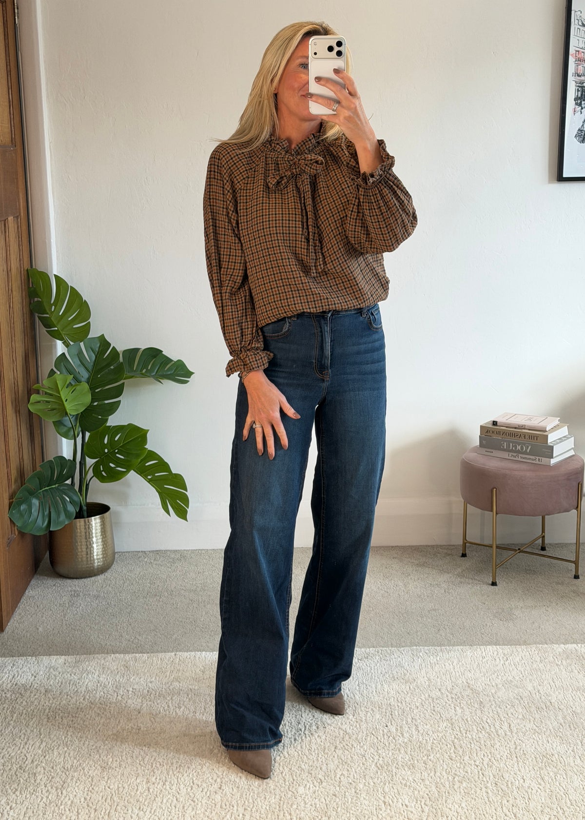 Mocha Tie Neck Heritage Check Blouse