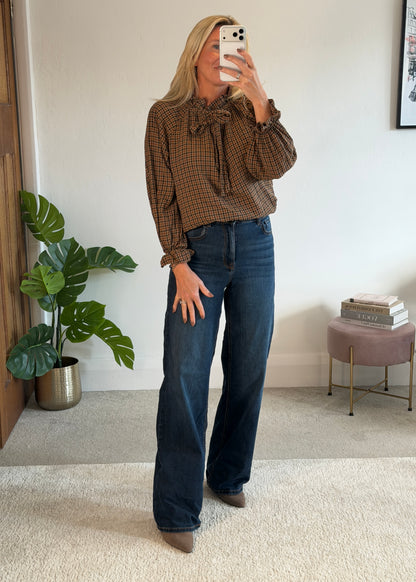 Mocha Tie Neck Heritage Check Blouse